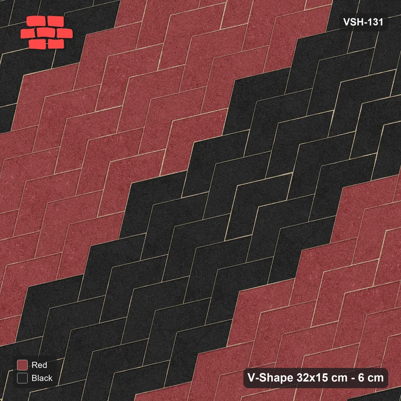 Interlock (Pasco) 32x15 cm · VSH-131 · Diagonal V chevron columns, wide 5-course chevron bands, kerbed · Top view Interlock (Pasco) 32x15 cm · VSH-131 · Diagonal V chevron columns, wide 5-course chevron bands, kerbed · Top view