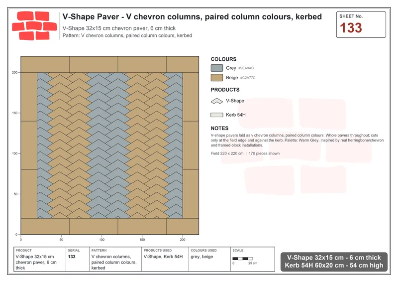 Interlock (Pasco) 32x15 cm · VSH-133 · V chevron columns, paired column colours, kerbed · Laying plan Interlock (Pasco) 32x15 cm · VSH-133 · V chevron columns, paired column colours, kerbed · Laying plan