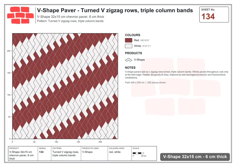 Interlock (Pasco) 32x15 cm · VSH-134 · Turned V zigzag rows, triple column bands · Laying plan Interlock (Pasco) 32x15 cm · VSH-134 · Turned V zigzag rows, triple column bands · Laying plan