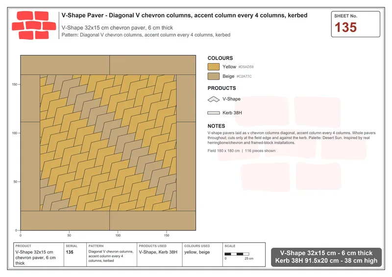 Interlock (Pasco) 32x15 cm · VSH-135 · Diagonal V chevron columns, accent column every 4 columns, kerbed · Laying plan Interlock (Pasco) 32x15 cm · VSH-135 · Diagonal V chevron columns, accent column every 4 columns, kerbed · Laying plan