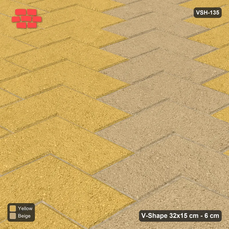 Interlock (Pasco) 32x15 cm · VSH-135 · Diagonal V chevron columns, accent column every 4 columns, kerbed · Side view Interlock (Pasco) 32x15 cm · VSH-135 · Diagonal V chevron columns, accent column every 4 columns, kerbed · Side view
