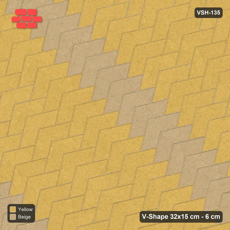 Interlock (Pasco) 32x15 cm · VSH-135 · Diagonal V chevron columns, accent column every 4 columns, kerbed · Top view Interlock (Pasco) 32x15 cm · VSH-135 · Diagonal V chevron columns, accent column every 4 columns, kerbed · Top view