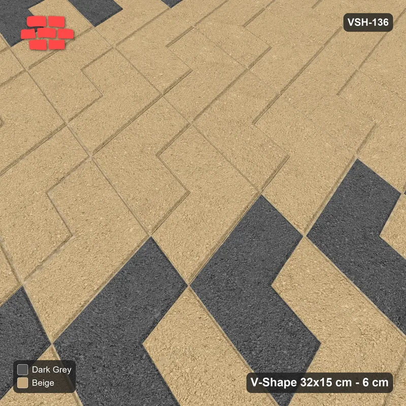 Interlock (Pasco) 32x15 cm · VSH-136 · Reverse diagonal V zigzag rows, accent column every 6 columns, kerbed · Side view Interlock (Pasco) 32x15 cm · VSH-136 · Reverse diagonal V zigzag rows, accent column every 6 columns, kerbed · Side view