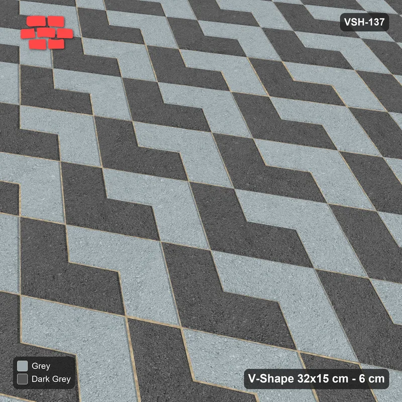 Interlock (Pasco) 32x15 cm · VSH-137 · V zigzag rows, two-tone by paver orientation · Side view Interlock (Pasco) 32x15 cm · VSH-137 · V zigzag rows, two-tone by paver orientation · Side view