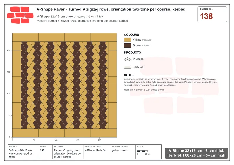 Interlock (Pasco) 32x15 cm · VSH-138 · Turned V zigzag rows, orientation two-tone per course, kerbed · Laying plan Interlock (Pasco) 32x15 cm · VSH-138 · Turned V zigzag rows, orientation two-tone per course, kerbed · Laying plan