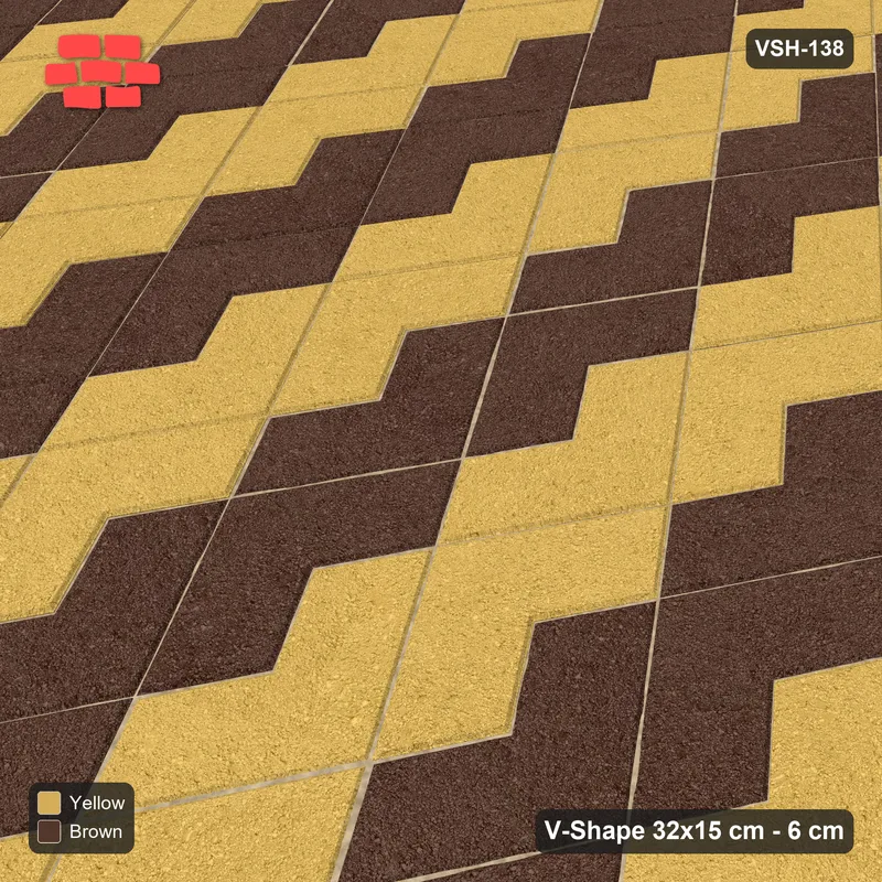 Interlock (Pasco) 32x15 cm · VSH-138 · Turned V zigzag rows, orientation two-tone per course, kerbed · Side view Interlock (Pasco) 32x15 cm · VSH-138 · Turned V zigzag rows, orientation two-tone per course, kerbed · Side view