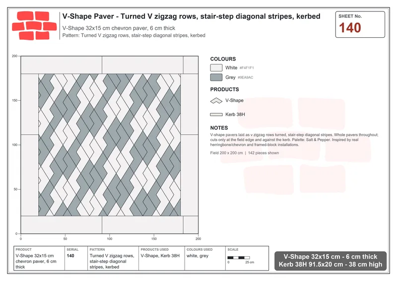 Interlock (Pasco) 32x15 cm · VSH-140 · Turned V zigzag rows, stair-step diagonal stripes, kerbed · Laying plan Interlock (Pasco) 32x15 cm · VSH-140 · Turned V zigzag rows, stair-step diagonal stripes, kerbed · Laying plan