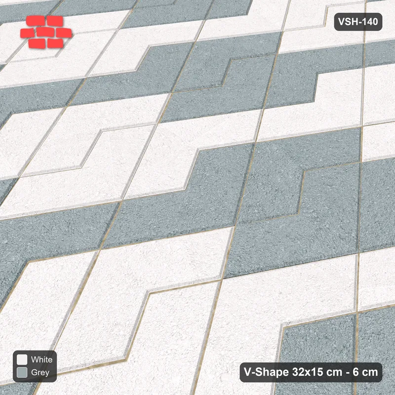 Interlock (Pasco) 32x15 cm · VSH-140 · Turned V zigzag rows, stair-step diagonal stripes, kerbed · Side view Interlock (Pasco) 32x15 cm · VSH-140 · Turned V zigzag rows, stair-step diagonal stripes, kerbed · Side view
