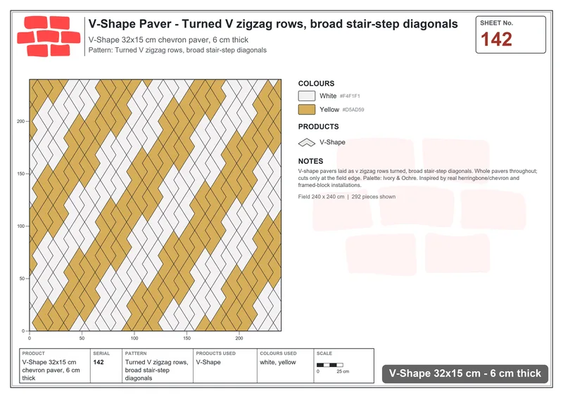 Interlock (Pasco) 32x15 cm · VSH-142 · Turned V zigzag rows, broad stair-step diagonals · Laying plan Interlock (Pasco) 32x15 cm · VSH-142 · Turned V zigzag rows, broad stair-step diagonals · Laying plan