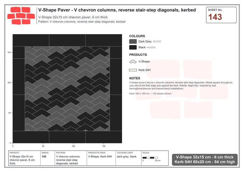 Interlock (Pasco) 32x15 cm · VSH-143 · V chevron columns, reverse stair-step diagonals, kerbed · Laying plan Interlock (Pasco) 32x15 cm · VSH-143 · V chevron columns, reverse stair-step diagonals, kerbed · Laying plan