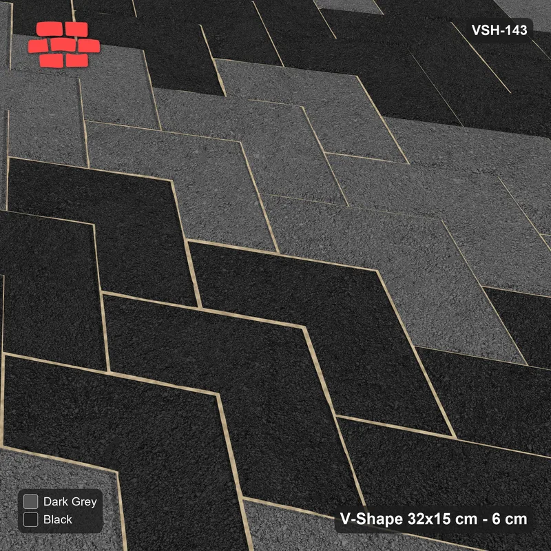 Interlock (Pasco) 32x15 cm · VSH-143 · V chevron columns, reverse stair-step diagonals, kerbed · Side view Interlock (Pasco) 32x15 cm · VSH-143 · V chevron columns, reverse stair-step diagonals, kerbed · Side view