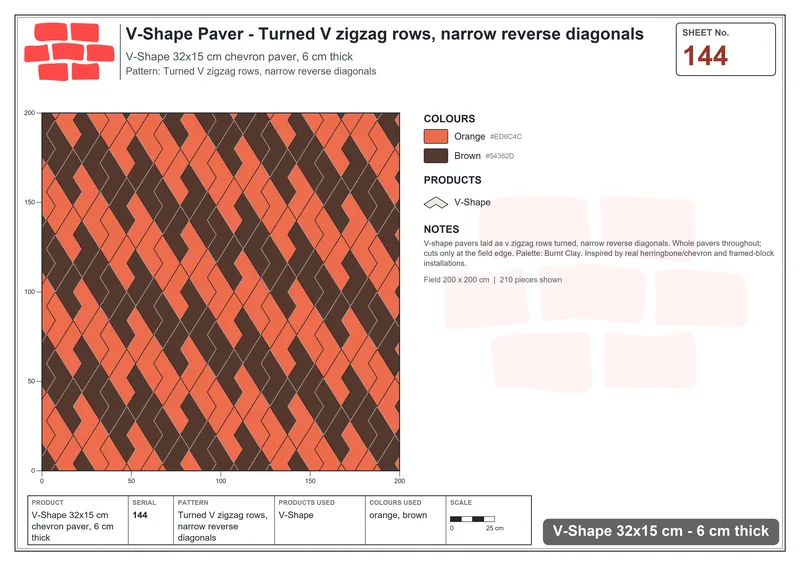 Interlock (Pasco) 32x15 cm · VSH-144 · Turned V zigzag rows, narrow reverse diagonals · Laying plan Interlock (Pasco) 32x15 cm · VSH-144 · Turned V zigzag rows, narrow reverse diagonals · Laying plan