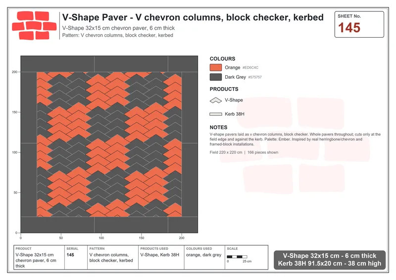 Interlock (Pasco) 32x15 cm · VSH-145 · V chevron columns, block checker, kerbed · Laying plan Interlock (Pasco) 32x15 cm · VSH-145 · V chevron columns, block checker, kerbed · Laying plan