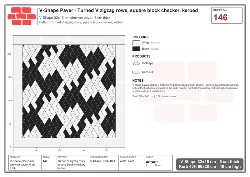 Interlock (Pasco) 32x15 cm · VSH-146 · Turned V zigzag rows, square block checker, kerbed · Laying plan Interlock (Pasco) 32x15 cm · VSH-146 · Turned V zigzag rows, square block checker, kerbed · Laying plan