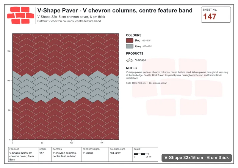 Interlock (Pasco) 32x15 cm · VSH-147 · V chevron columns, centre feature band · Laying plan Interlock (Pasco) 32x15 cm · VSH-147 · V chevron columns, centre feature band · Laying plan