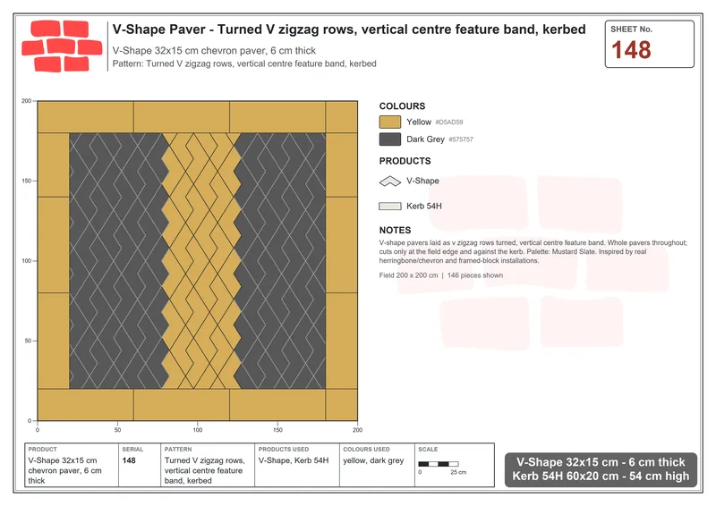 Interlock (Pasco) 32x15 cm · VSH-148 · Turned V zigzag rows, vertical centre feature band, kerbed · Laying plan Interlock (Pasco) 32x15 cm · VSH-148 · Turned V zigzag rows, vertical centre feature band, kerbed · Laying plan