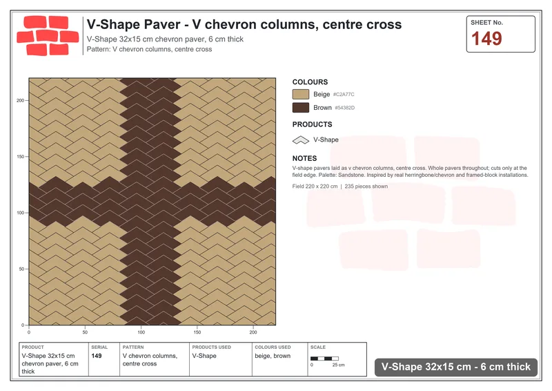 Interlock (Pasco) 32x15 cm · VSH-149 · V chevron columns, centre cross · Laying plan Interlock (Pasco) 32x15 cm · VSH-149 · V chevron columns, centre cross · Laying plan