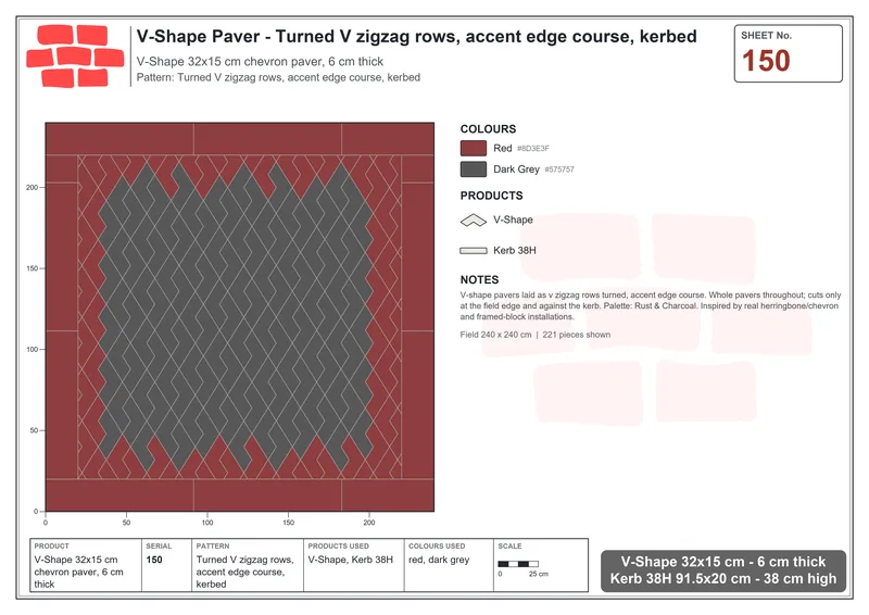 Interlock (Pasco) 32x15 cm · VSH-150 · Turned V zigzag rows, accent edge course, kerbed · Laying plan Interlock (Pasco) 32x15 cm · VSH-150 · Turned V zigzag rows, accent edge course, kerbed · Laying plan