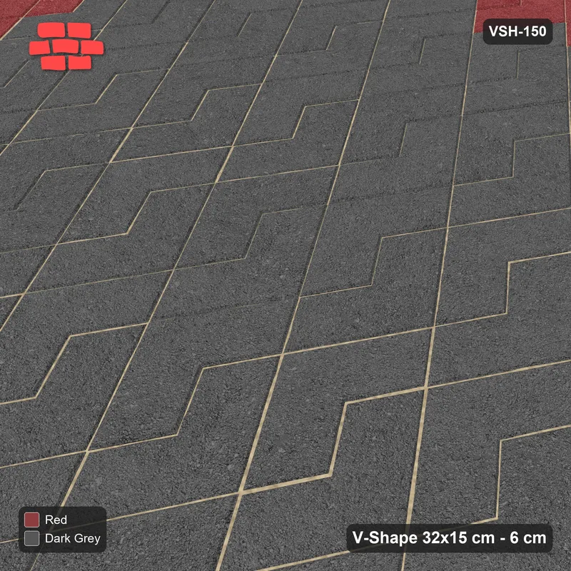 Interlock (Pasco) 32x15 cm · VSH-150 · Turned V zigzag rows, accent edge course, kerbed · Side view Interlock (Pasco) 32x15 cm · VSH-150 · Turned V zigzag rows, accent edge course, kerbed · Side view