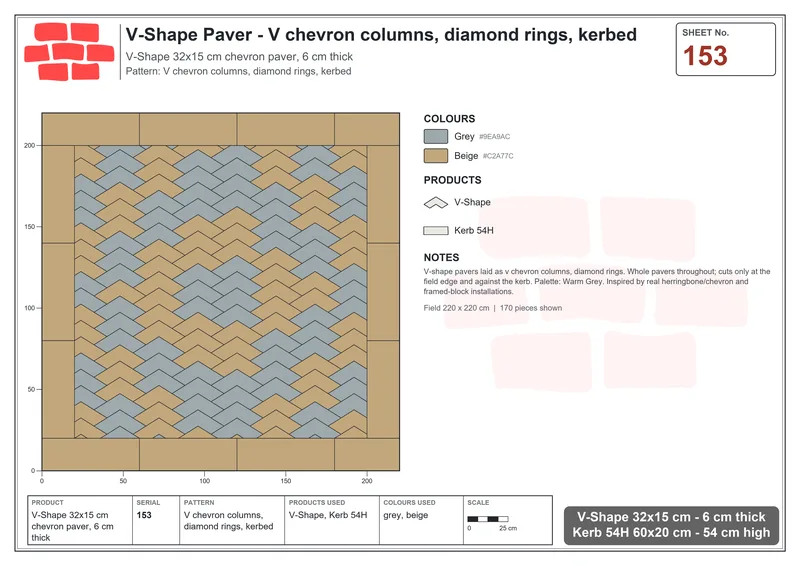 Interlock (Pasco) 32x15 cm · VSH-153 · V chevron columns, diamond rings, kerbed · Laying plan Interlock (Pasco) 32x15 cm · VSH-153 · V chevron columns, diamond rings, kerbed · Laying plan