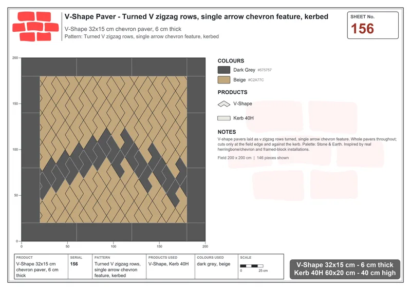 Interlock (Pasco) 32x15 cm · VSH-156 · Turned V zigzag rows, single arrow chevron feature, kerbed · Laying plan Interlock (Pasco) 32x15 cm · VSH-156 · Turned V zigzag rows, single arrow chevron feature, kerbed · Laying plan
