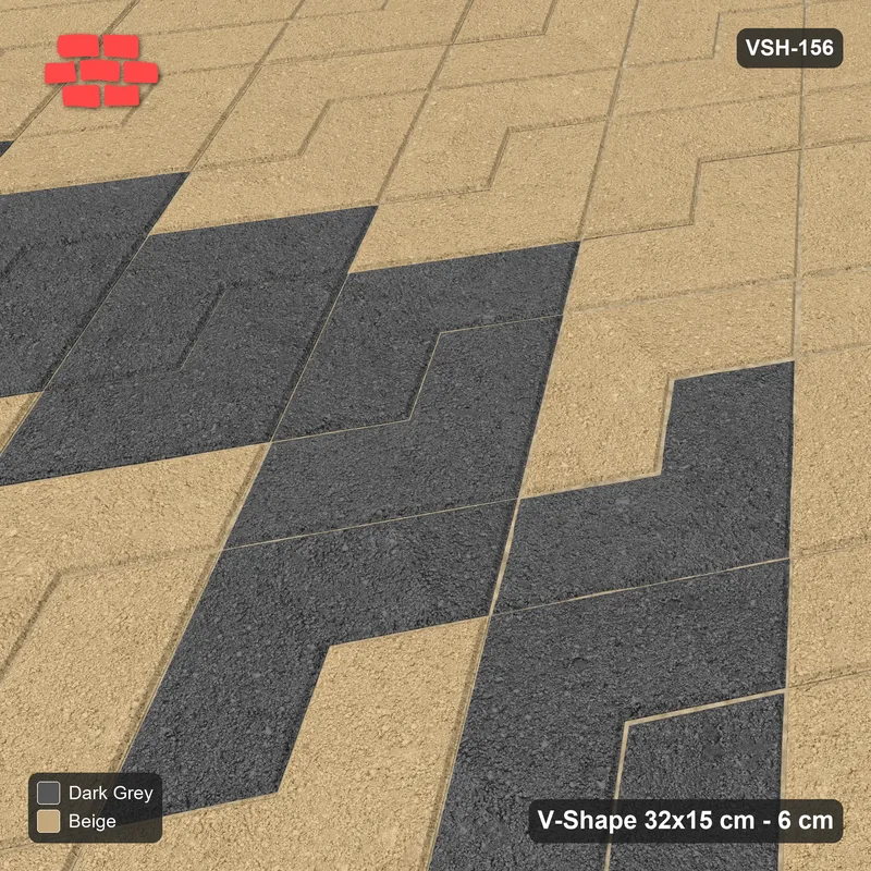Interlock (Pasco) 32x15 cm · VSH-156 · Turned V zigzag rows, single arrow chevron feature, kerbed · Side view Interlock (Pasco) 32x15 cm · VSH-156 · Turned V zigzag rows, single arrow chevron feature, kerbed · Side view