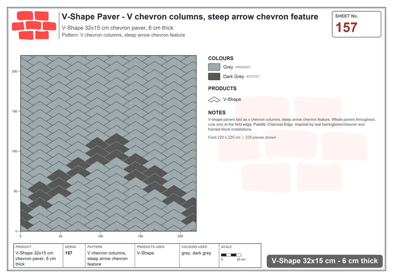 Interlock (Pasco) 32x15 cm · VSH-157 · V chevron columns, steep arrow chevron feature · Laying plan Interlock (Pasco) 32x15 cm · VSH-157 · V chevron columns, steep arrow chevron feature · Laying plan
