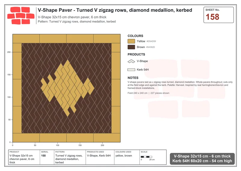 Interlock (Pasco) 32x15 cm · VSH-158 · Turned V zigzag rows, diamond medallion, kerbed · Laying plan Interlock (Pasco) 32x15 cm · VSH-158 · Turned V zigzag rows, diamond medallion, kerbed · Laying plan