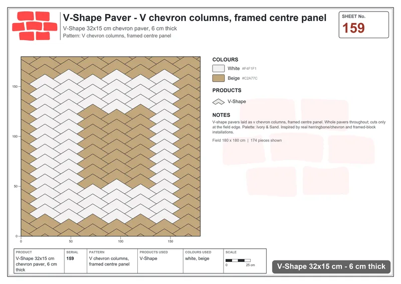 Interlock (Pasco) 32x15 cm · VSH-159 · V chevron columns, framed centre panel · Laying plan Interlock (Pasco) 32x15 cm · VSH-159 · V chevron columns, framed centre panel · Laying plan
