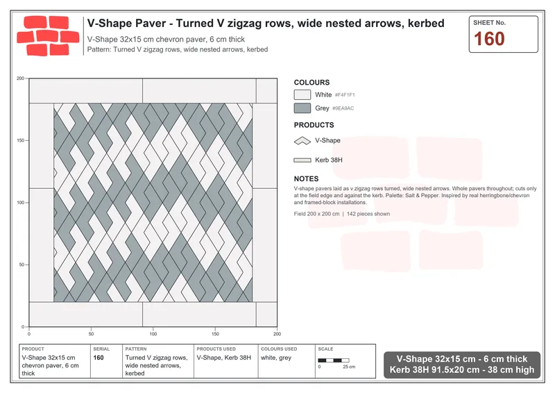 Interlock (Pasco) 32x15 cm · VSH-160 · Turned V zigzag rows, wide nested arrows, kerbed · Laying plan Interlock (Pasco) 32x15 cm · VSH-160 · Turned V zigzag rows, wide nested arrows, kerbed · Laying plan