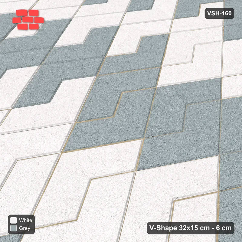 Interlock (Pasco) 32x15 cm · VSH-160 · Turned V zigzag rows, wide nested arrows, kerbed · Side view Interlock (Pasco) 32x15 cm · VSH-160 · Turned V zigzag rows, wide nested arrows, kerbed · Side view