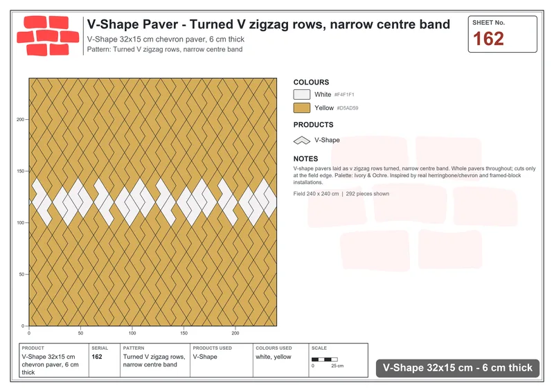 Interlock (Pasco) 32x15 cm · VSH-162 · Turned V zigzag rows, narrow centre band · Laying plan Interlock (Pasco) 32x15 cm · VSH-162 · Turned V zigzag rows, narrow centre band · Laying plan