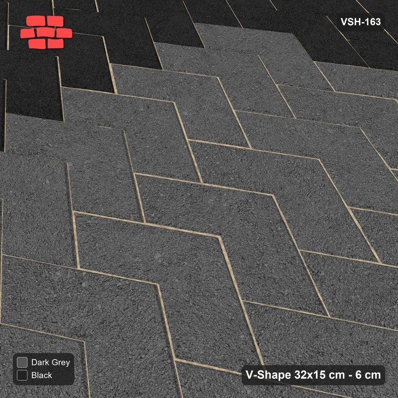 Interlock (Pasco) 32x15 cm · VSH-163 · V chevron columns, wide accent border, kerbed · Side view Interlock (Pasco) 32x15 cm · VSH-163 · V chevron columns, wide accent border, kerbed · Side view