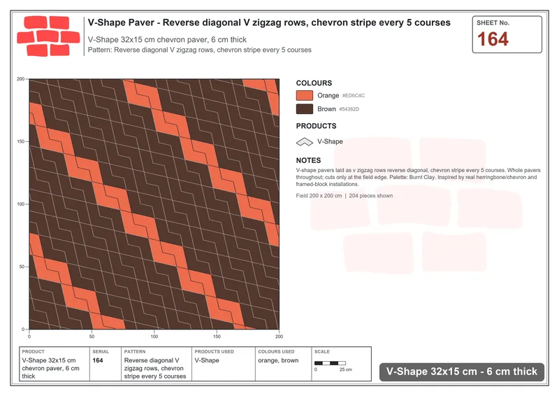 Interlock (Pasco) 32x15 cm · VSH-164 · Reverse diagonal V zigzag rows, chevron stripe every 5 courses · Laying plan Interlock (Pasco) 32x15 cm · VSH-164 · Reverse diagonal V zigzag rows, chevron stripe every 5 courses · Laying plan