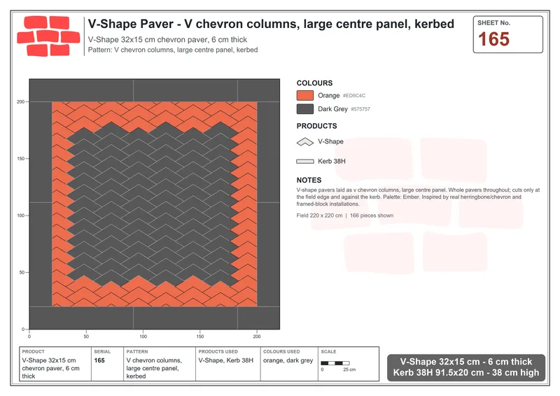 Interlock (Pasco) 32x15 cm · VSH-165 · V chevron columns, large centre panel, kerbed · Laying plan Interlock (Pasco) 32x15 cm · VSH-165 · V chevron columns, large centre panel, kerbed · Laying plan