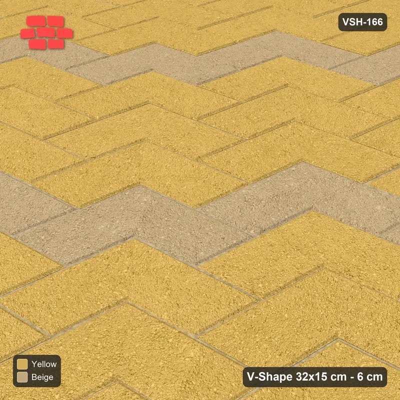 Interlock (Pasco) 32x15 cm · VSH-166 · Diagonal V chevron columns, chevron stripe every 4 courses, kerbed · Side view Interlock (Pasco) 32x15 cm · VSH-166 · Diagonal V chevron columns, chevron stripe every 4 courses, kerbed · Side view