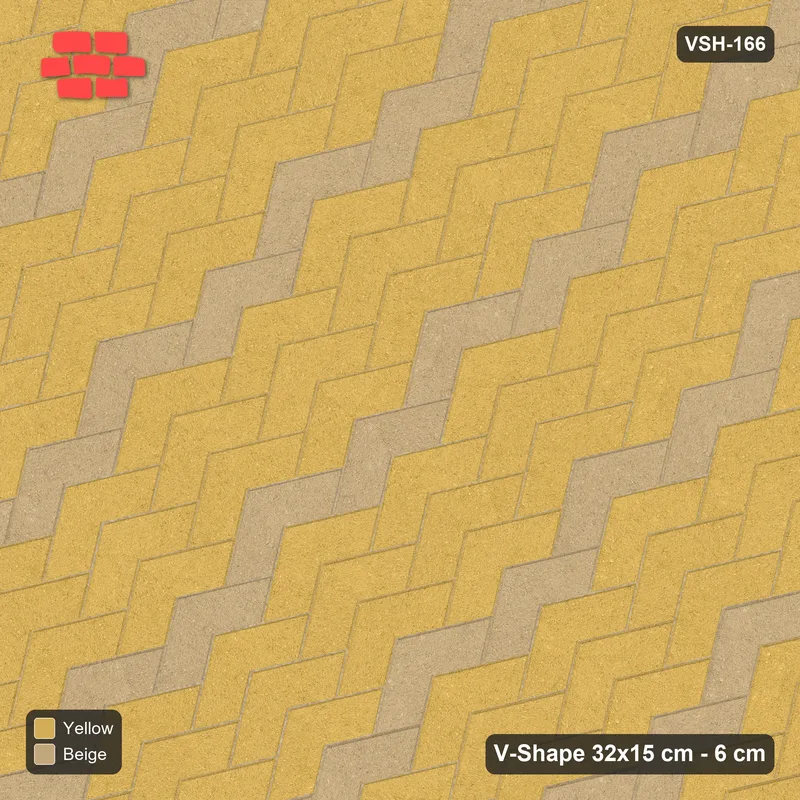 Interlock (Pasco) 32x15 cm · VSH-166 · Diagonal V chevron columns, chevron stripe every 4 courses, kerbed · Top view Interlock (Pasco) 32x15 cm · VSH-166 · Diagonal V chevron columns, chevron stripe every 4 courses, kerbed · Top view