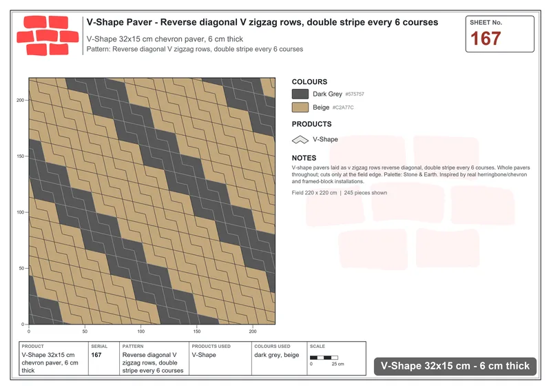 Interlock (Pasco) 32x15 cm · VSH-167 · Reverse diagonal V zigzag rows, double stripe every 6 courses · Laying plan Interlock (Pasco) 32x15 cm · VSH-167 · Reverse diagonal V zigzag rows, double stripe every 6 courses · Laying plan