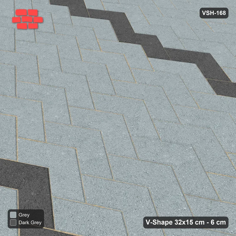 Interlock (Pasco) 32x15 cm · VSH-168 · V chevron columns, thin chevron stripe every 8 courses, kerbed · Side view Interlock (Pasco) 32x15 cm · VSH-168 · V chevron columns, thin chevron stripe every 8 courses, kerbed · Side view
