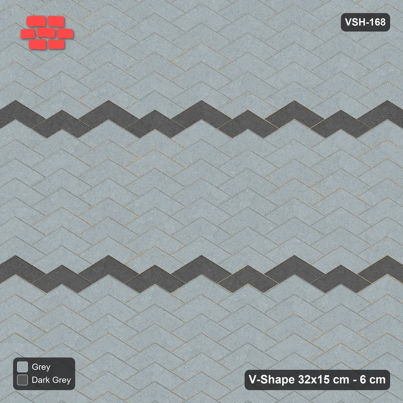 Interlock (Pasco) 32x15 cm · VSH-168 · V chevron columns, thin chevron stripe every 8 courses, kerbed · Top view Interlock (Pasco) 32x15 cm · VSH-168 · V chevron columns, thin chevron stripe every 8 courses, kerbed · Top view