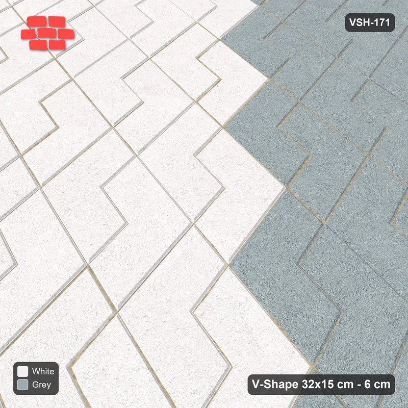 Interlock (Pasco) 32x15 cm · VSH-171 · Reverse diagonal V zigzag rows, wide 5-course chevron bands, kerbed · Side view Interlock (Pasco) 32x15 cm · VSH-171 · Reverse diagonal V zigzag rows, wide 5-course chevron bands, kerbed · Side view