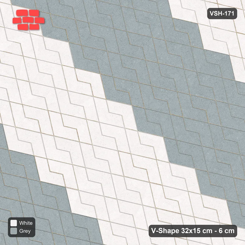 Interlock (Pasco) 32x15 cm · VSH-171 · Reverse diagonal V zigzag rows, wide 5-course chevron bands, kerbed · Top view Interlock (Pasco) 32x15 cm · VSH-171 · Reverse diagonal V zigzag rows, wide 5-course chevron bands, kerbed · Top view