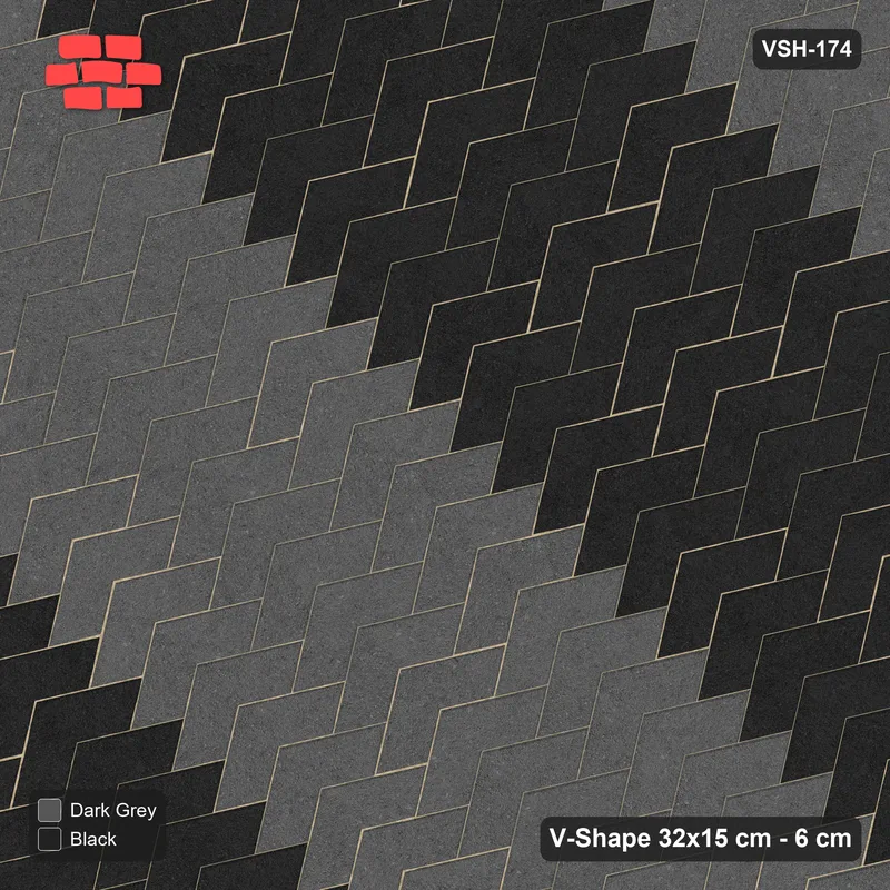 Interlock (Pasco) 32x15 cm · VSH-174 · Diagonal V chevron columns, triple column bands, kerbed · Top view Interlock (Pasco) 32x15 cm · VSH-174 · Diagonal V chevron columns, triple column bands, kerbed · Top view