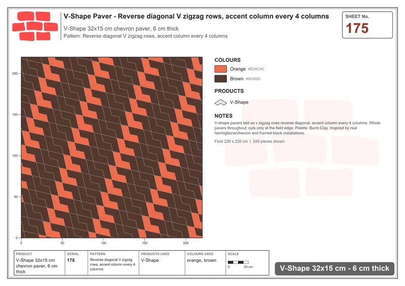 Interlock (Pasco) 32x15 cm · VSH-175 · Reverse diagonal V zigzag rows, accent column every 4 columns · Laying plan Interlock (Pasco) 32x15 cm · VSH-175 · Reverse diagonal V zigzag rows, accent column every 4 columns · Laying plan