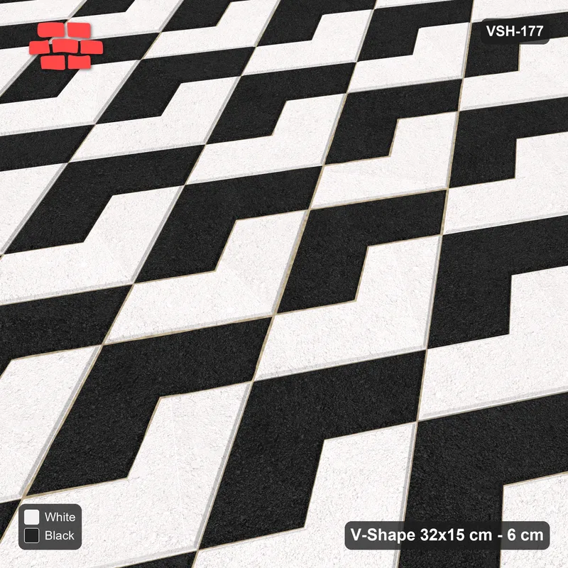 Interlock (Pasco) 32x15 cm · VSH-177 · Turned V zigzag rows, two-tone by paver orientation · Side view Interlock (Pasco) 32x15 cm · VSH-177 · Turned V zigzag rows, two-tone by paver orientation · Side view