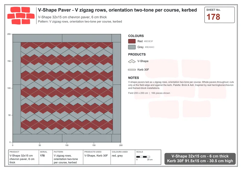 Interlock (Pasco) 32x15 cm · VSH-178 · V zigzag rows, orientation two-tone per course, kerbed · Laying plan Interlock (Pasco) 32x15 cm · VSH-178 · V zigzag rows, orientation two-tone per course, kerbed · Laying plan