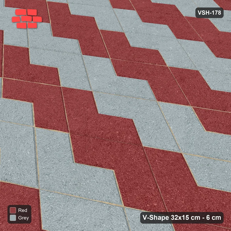 Interlock (Pasco) 32x15 cm · VSH-178 · V zigzag rows, orientation two-tone per course, kerbed · Side view Interlock (Pasco) 32x15 cm · VSH-178 · V zigzag rows, orientation two-tone per course, kerbed · Side view
