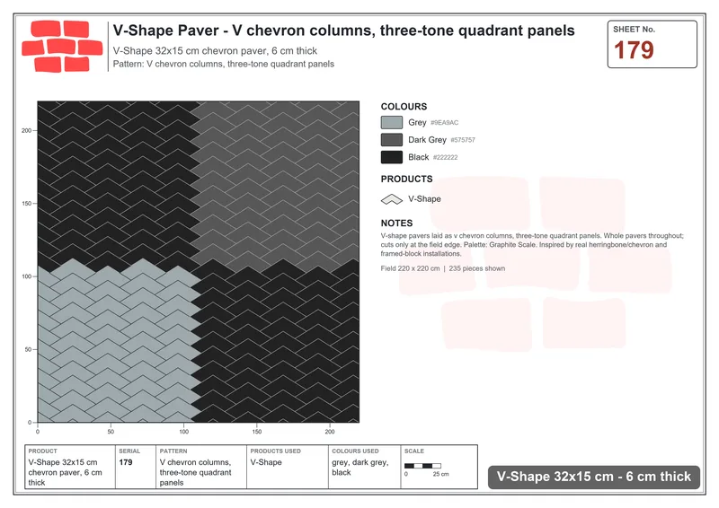 Interlock (Pasco) 32x15 cm · VSH-179 · V chevron columns, three-tone quadrant panels · Laying plan Interlock (Pasco) 32x15 cm · VSH-179 · V chevron columns, three-tone quadrant panels · Laying plan