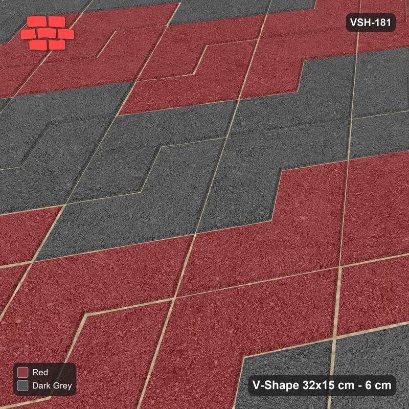 Interlock (Pasco) 32x15 cm · VSH-181 · Turned V zigzag rows, wide stair-step diagonals, kerbed · Side view Interlock (Pasco) 32x15 cm · VSH-181 · Turned V zigzag rows, wide stair-step diagonals, kerbed · Side view
