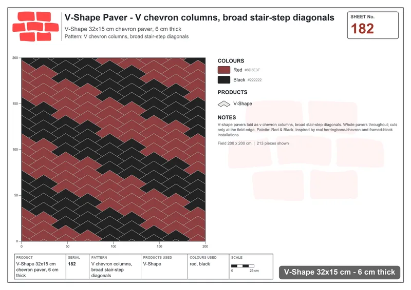 Interlock (Pasco) 32x15 cm · VSH-182 · V chevron columns, broad stair-step diagonals · Laying plan Interlock (Pasco) 32x15 cm · VSH-182 · V chevron columns, broad stair-step diagonals · Laying plan